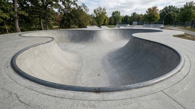 Wide view of a curved concrete skate bowl in a park
