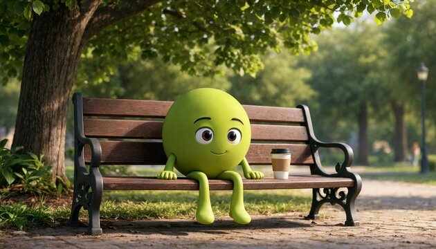 A cute green cartoon character sitting on a wooden park bench with a cup of coffee outdoors