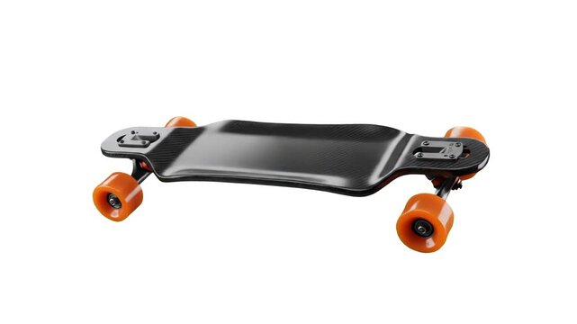 Modern black longboard skateboard with orange wheels rotating isolated on a clean white background. Suitable for product showcases, sports store commercials, e-commerce promos, skateboarding gear disp