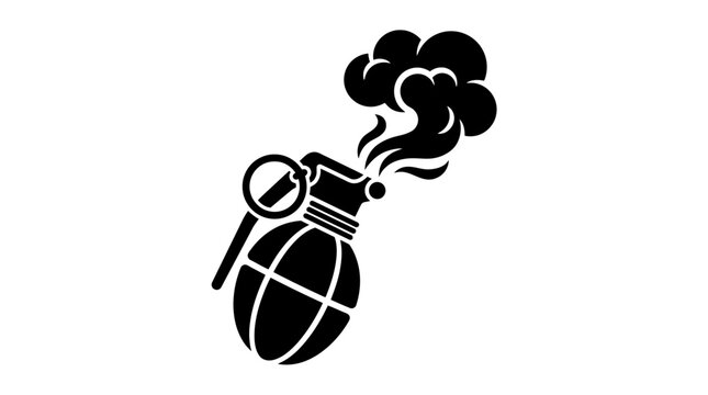 Hand grenade silhouette with smoke for combat weapon themes.