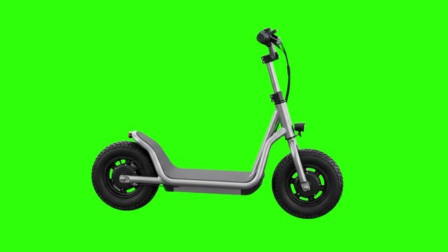 A 3D render showing a modern silver electric kick scooter with thick tires displayed in side profile on a chroma key green background. Excellent for video keying, personal transportation promos, and u
