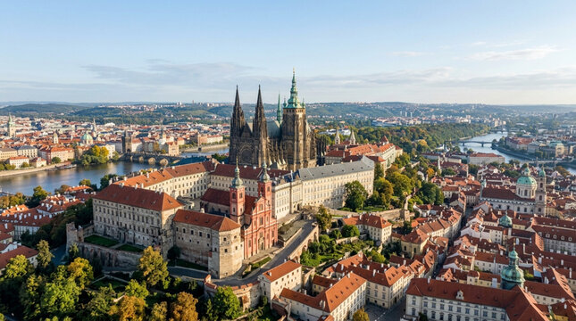 Prague Castle aerial view, Vltava River and cityscape at sunrise