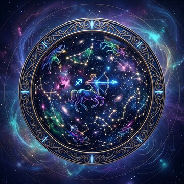 Mystical Zodiac Circle with Cosmic Background.