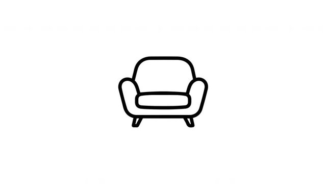 Minimalist line art icon animation of a comfortable modern armchair or living room sofa on a clean white background.