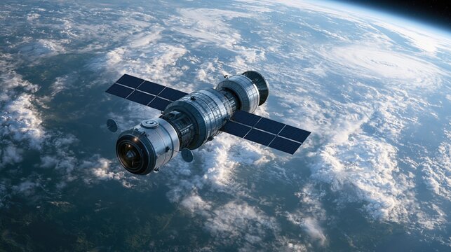 Expanding Horizon spacecraft orbiting Earth with solar panels and glowing engine in space