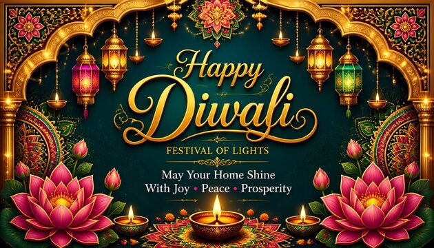 Happy Diwali Festival of Lights Greeting Background with Hanging Diyas, Floral Mandala Frame and Ornate Arch