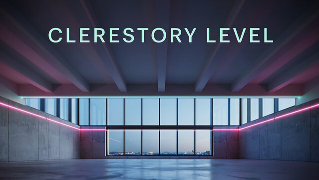 Modern architectural interior with clerestory windows and glowing neon light strips in an empty concrete hall