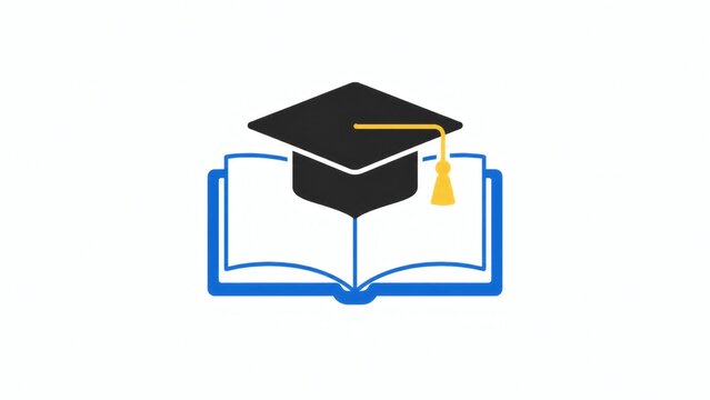 Simple flat vector illustration of an open book with a graduation cap on a white background