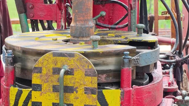 Operating power tong, torque machinery, to make connection of the drill pipe in the oil drilling operation. Heavy industrial working scene footage. close-up.