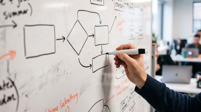 Business process flowchart drawn on office whiteboard, hand holding marker planning project workflow, professional corporate strategy brainstorming session
