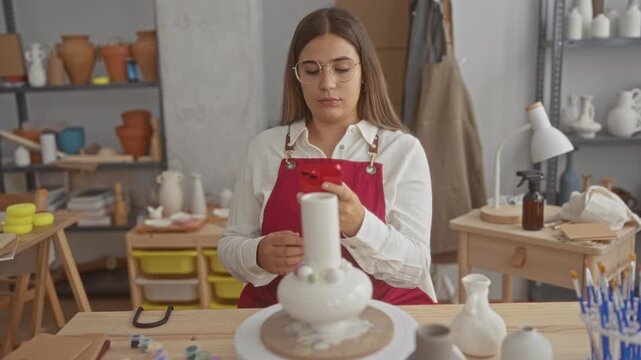 Woman in red apron holds red smartphone, finger to lips for thinking while seated at pottery wheel with vases and brushes in studio; contemplation.