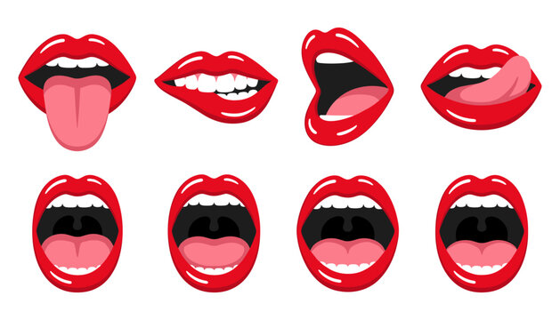Sexy Red Lips and Open Mouth Vector Set with Tongue Expressions Biting Lip and Throat Anatomy Graphics for Beauty and Medical Illustration Designs