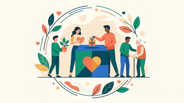 Diverse group of people donating items to a charity box illustration