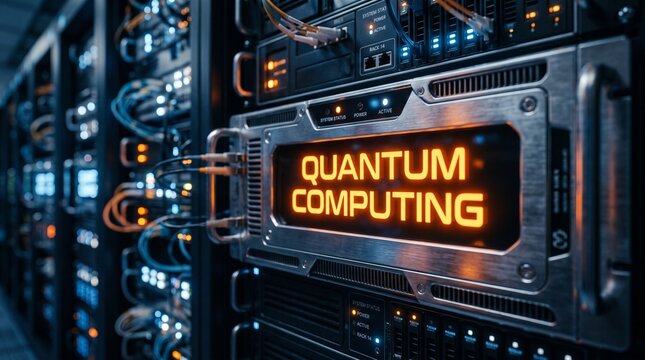Quantum computing server rack in modern data center, futuristic supercomputer hardware with glowing orange text, high tech network infrastructure