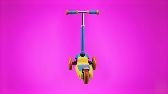 A bright and vibrant 3D rendering of a colorful children's three-wheeled kick scooter with blue handlebars and orange wheels, shown from the front view against a solid vibrant pink backdrop. Perfect f