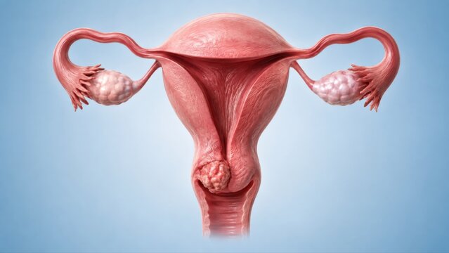 Cervical cancer shown in premium clinical CGI with irregular malignant tumor arising from cervix beneath an otherwise intact uterus on clean background.