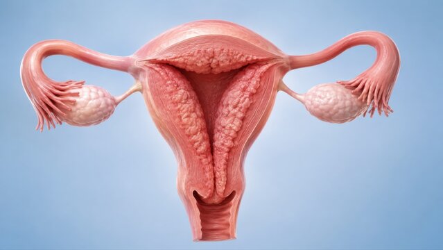 Endometrial hyperplasia shown in premium clinical CGI with abnormally thickened inner uterine lining and preserved outer uterine contour.
