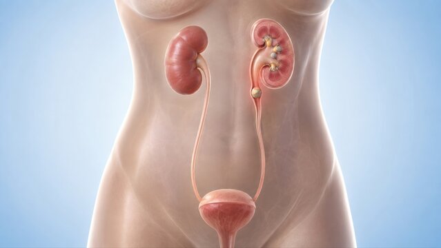 Kidney stones shown inside semi-transparent human torso with renal calculi and obstructing proximal ureter stone in premium clinical CGI.