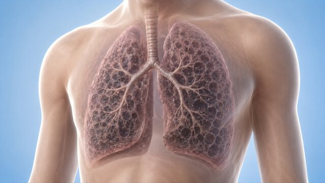 chronic obstructive pulmonary disease COPD and emphysema shown inside semi-transparent upper torso with hyperinflated damaged lungs in premium clinical CGI.