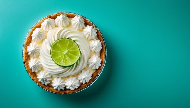 key lime pie with whipped cream and lime slice isolated against turuoise background copy space
