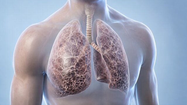 Pulmonary fibrosis shown inside semi-transparent upper torso with diffuse bilateral lung scarring in premium clinical CGI