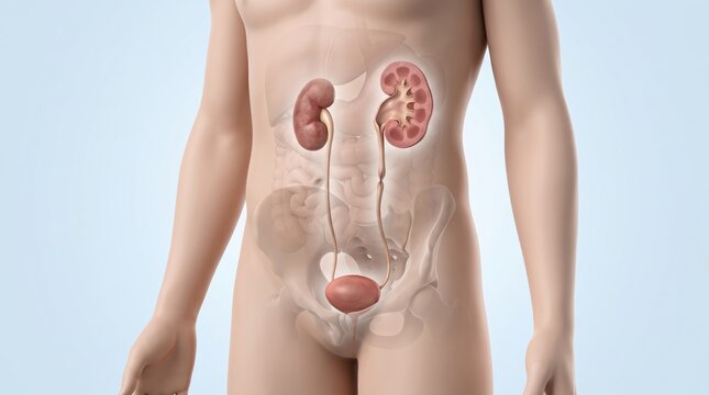 Hydronephrosis shown inside semi-transparent torso with dilated renal pelvis and calyces caused by urinary obstruction in premium clinical CGI