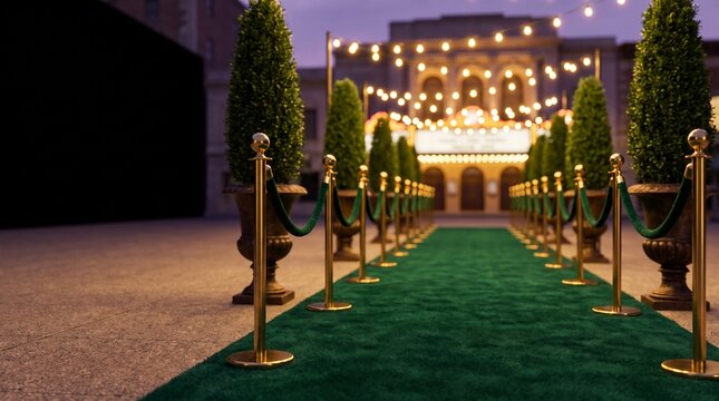 Elegant green carpet entrance with gold stanchions, luxury gala event walkway with velvet ropes, outdoor theater premiere with string lights