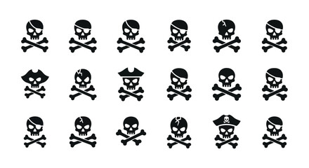 Fototapeta premium Pirate skull and crossbones icons, set of 18 black vector jolly roger symbols, nautical danger and poison warning signs for gaming