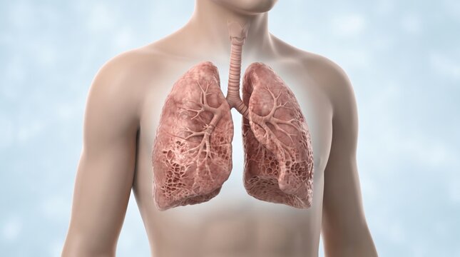 Pulmonary fibrosis shown inside semi-transparent upper torso with diffuse bilateral lung scarring in premium clinical CGI