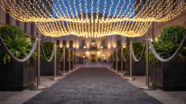 Elegant red carpet entrance with velvet ropes and fairy lights, luxury gala event walkway, grand hotel entrance for celebrity premiere