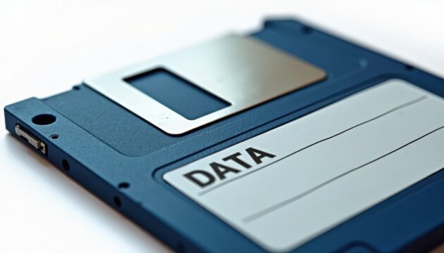 Floppy disk close-up showing metal shutter, plastic casing, write-protect notch and DATA label, macro perspective on textured 3.