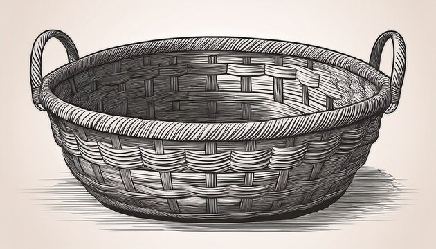 empty wicker basket linear drawing featuring a vintage round container with handle in retro style ideal for rustic design concepts on isolated backgrounds capturing the essence of harvest festivals
