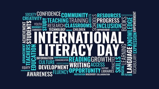 International Literacy Day Word Cloud Animation with Educational Conce
