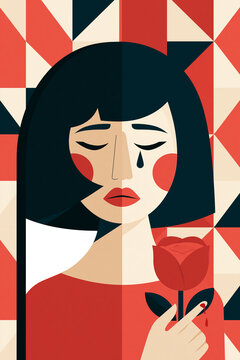 Sad crying woman holding red rose with bleeding finger pricked by thorn, geometric portrait symbol of heartbreak disillusionment, beauty & thorns concept art, emotional flat design poster illustration