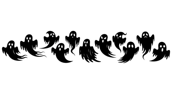 Spooky ghost silhouette collection, 11 flying phantom vector icons, black halloween spirit characters for holiday decor and graphic design