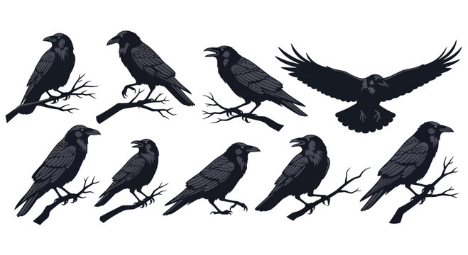 Black raven silhouettes in various poses, set of 9 crow vector illustrations, dark gothic birds on branches for halloween design