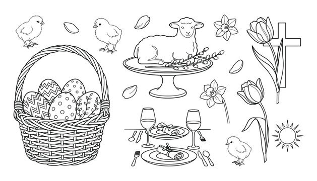 Line art vector set of Easter basket with eggs lamb cake chicks table setting tulip cross and daffodils