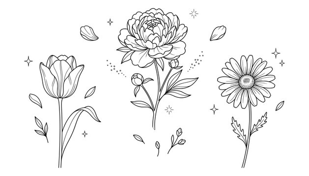 Line art vector set of botanical flowers peony tulip daisy stems leaves petals sparkles and buds clip art
