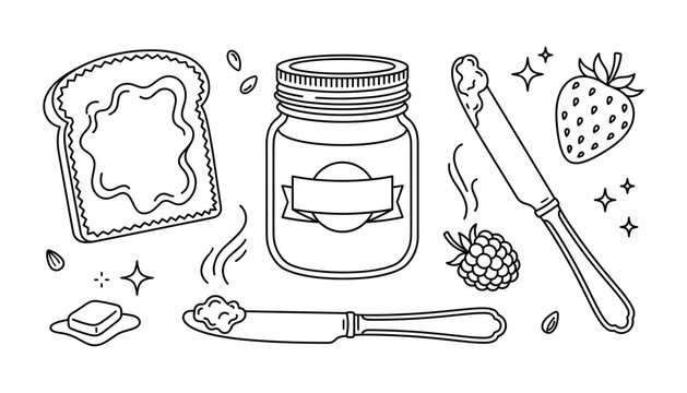  Line art vector set of sweet jam glass jar toast bread strawberry raspberry butter knife and sparkles elements.