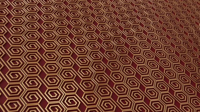 Geometric gold and red hexagon spiral pattern surface design background, 3D render