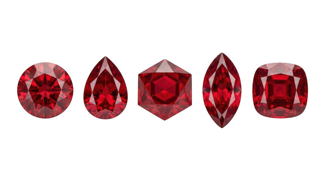 Set of five different red gemstone cuts isolated on transparent background