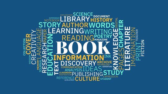 Word cloud about books, reading, education, and literature on blue bac