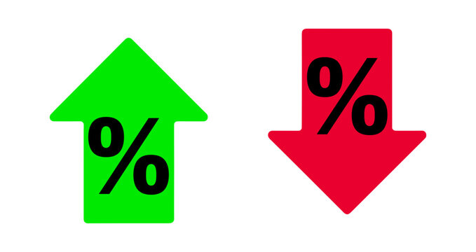 Percentage Up and Down Arrows: A pair of stylized arrows, one green pointing up with a percentage sign, the other red pointing down with a percentage sign, symbolizing financial increase and decrease.