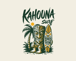 Tiki surf culture illustration. Kahouna surf vintage poster. Hawaiian island beach vibe. Retro hand drawn vector design. © DandiPdn