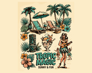 Vintage tropical beach vacation illustration. Retro Hawaii paradise elements. Tiki mask and hula girl art. Summer holiday concept. © DandiPdn