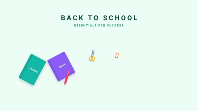 Back to school supplies and stationery items for academic success animation