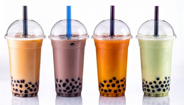 assorted tapioka bubble tea flavors isolated on white or white background