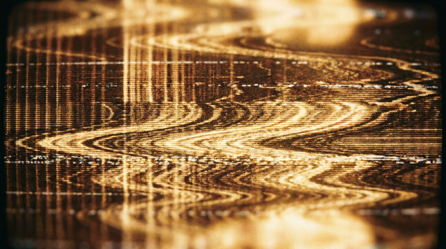 distressed vintage television static screen texture with golden light flares and horizontal scan lines, analog noise and retro interference