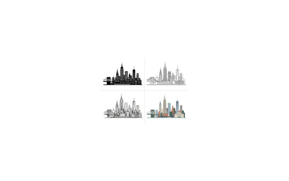 Set of four different artistic styles of new york city skyline illustrations with famous landmarks