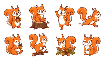 Obraz premium Cute Cartoon Red Squirrel Character Set in Various Poses Including Holding Acorn Running and Sitting on Tree Stump Vector Illustration